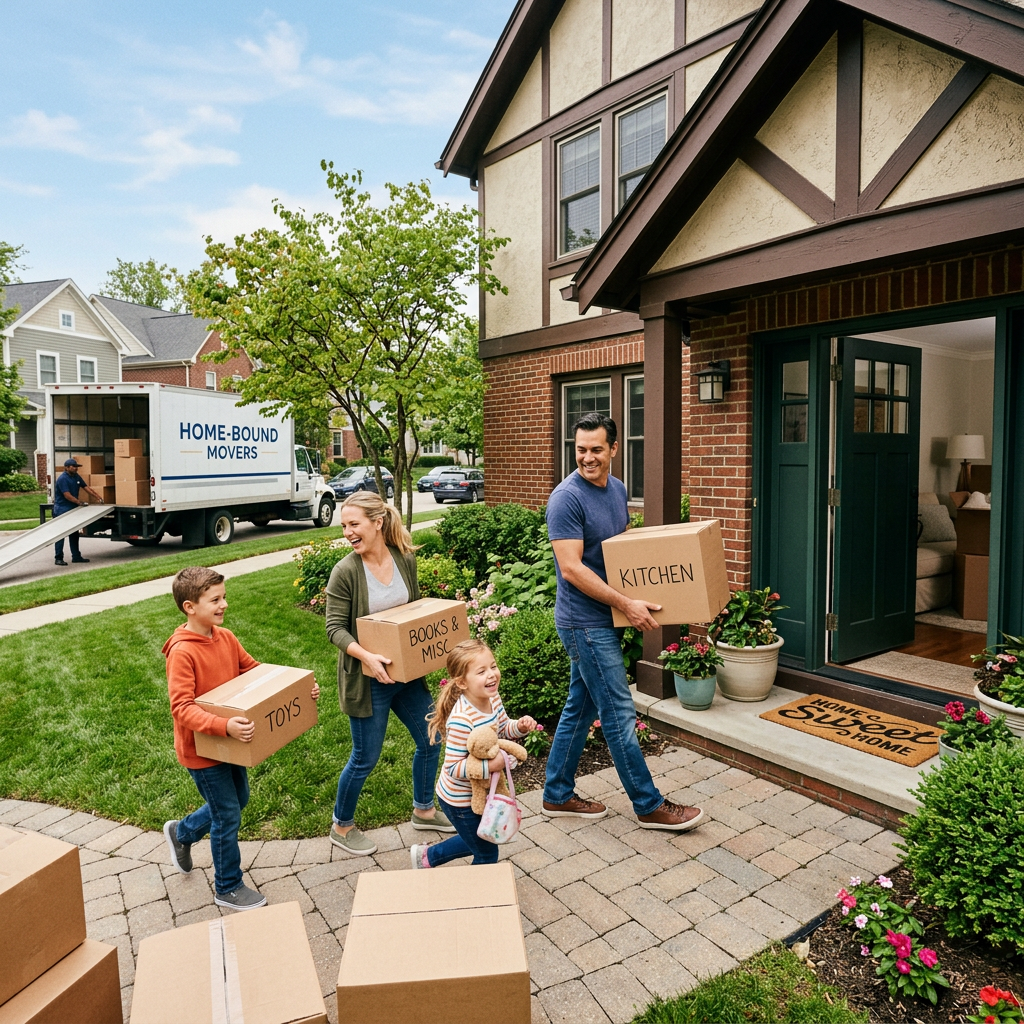 Family carrying moving boxes labeled Toys, Books & Misc, and Kitchen into house