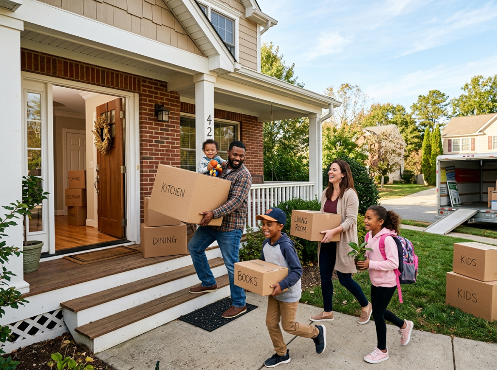 Family carrying labeled moving boxes into new home with moving truck in background