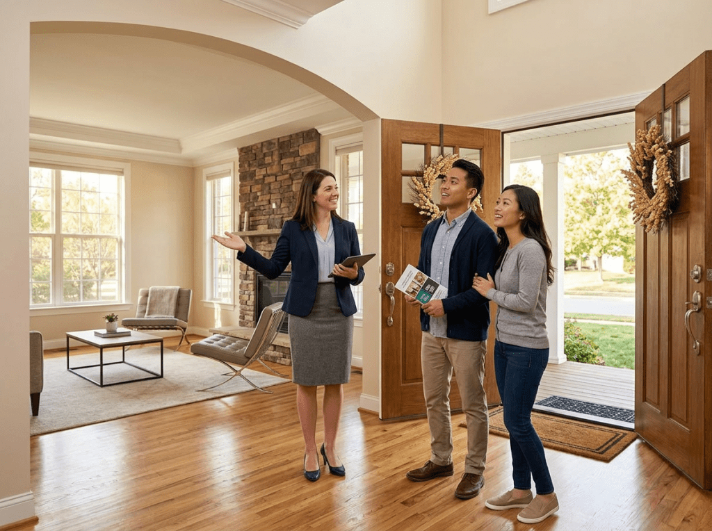 Real estate agent inviting couple to tour a house with 'For Sale' sign