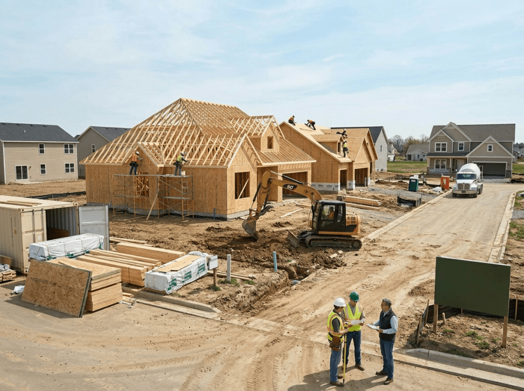New houses under construction with workers and equipment at a residential development site